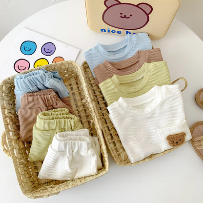 A summer thin baby Korean short-sleeved shorts cotton and linen pit strip suit for boys and girls round neck pullover two-piece suit - Mixbatch