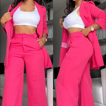 A women's temperament elegant solid color split sleeve lapel suit pocket straight pants suit