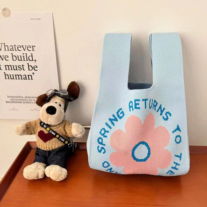 A Internet celebrity handbag women's knitted wool bucket bag Japanese and Korean version versatile hand carry casual tote bag box lunch bag y