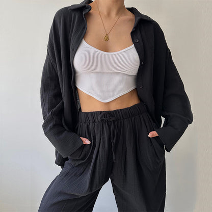 A autumn new simple niche lapel collar long-sleeved shirt high waist trousers casual suit