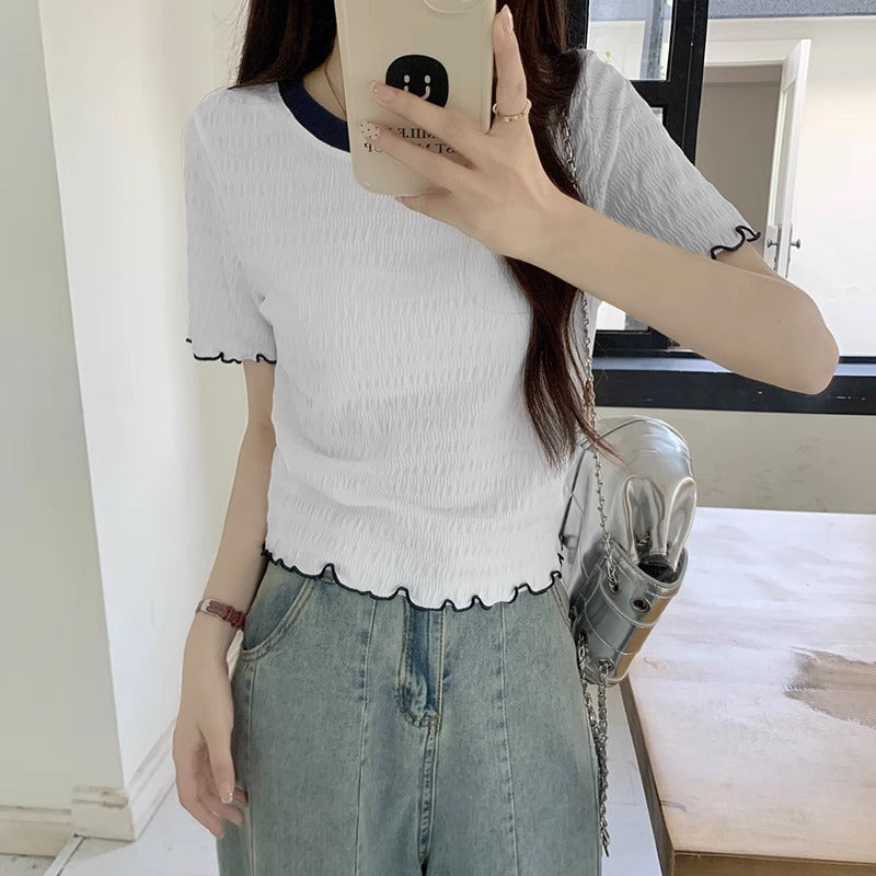 A apricot round neck fungus edge short-sleeved t-shirt women's summer short design sense niche foreign style European t-shirt top - Mixbatch