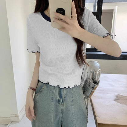 A apricot round neck fungus edge short-sleeved t-shirt women's summer short design sense niche foreign style European t-shirt top - Mixbatch