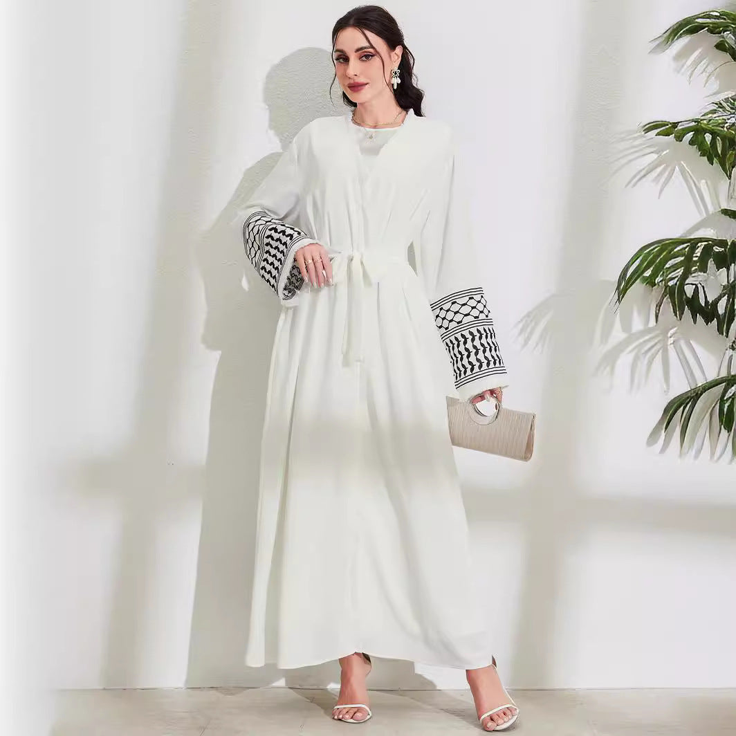 Women's Middle Eastern Muslim Clothing Elegant Pocket Cardigan Embroidered Contrast Dress Belt Robe - Mixbatch