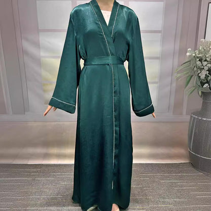 New Middle Eastern Muslim Clothing Fashion Elegant Nailed Diamond Cardigan Dress Belt Robe - Mixbatch