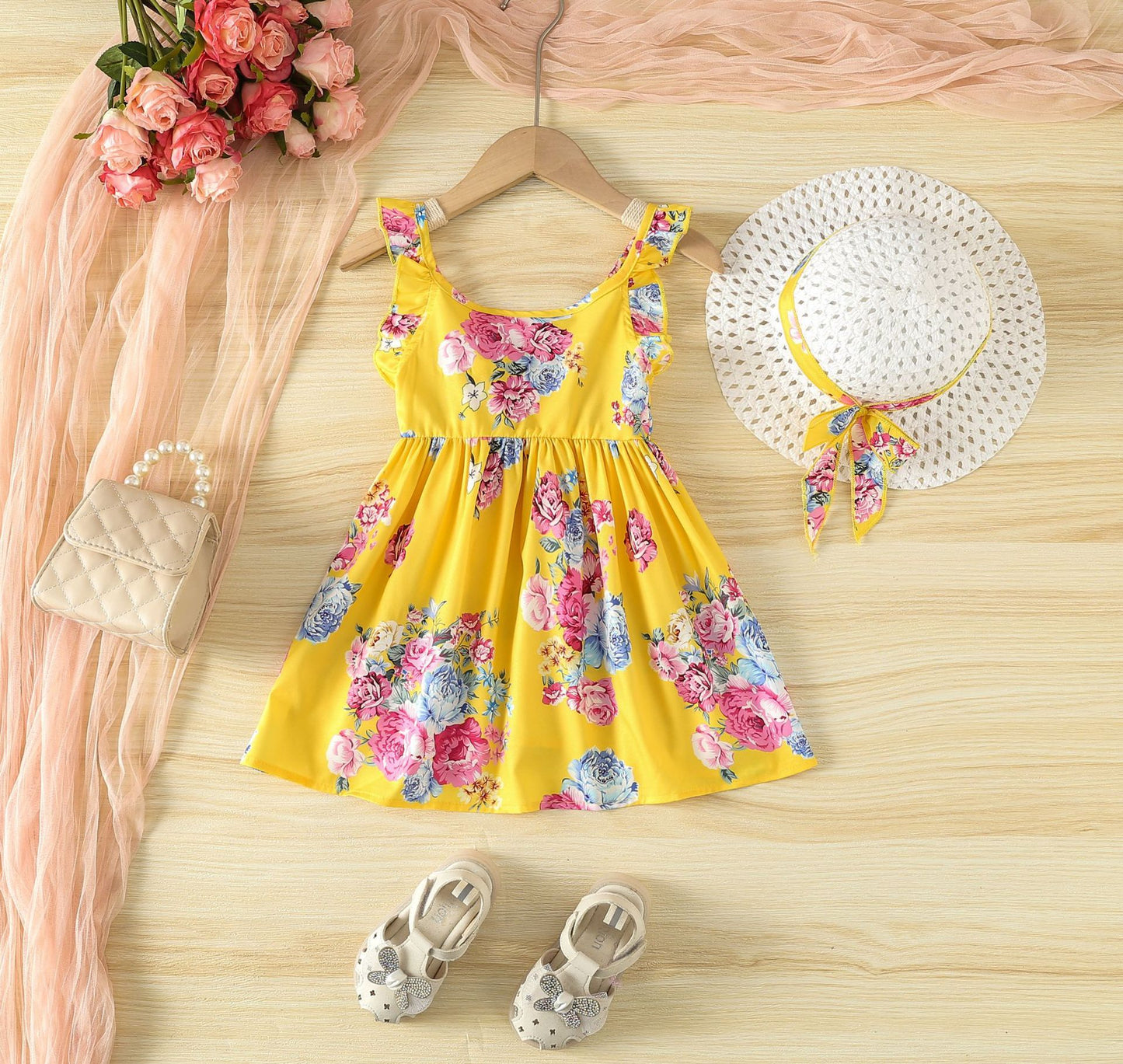 A Kids dress Girls fashion summer dress Korean version sleeveless simple flower print princess dress - Mixbatch