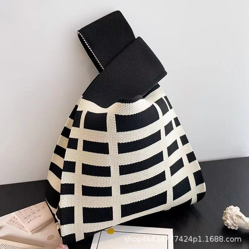 A Internet celebrity handbag women's knitted wool bucket bag Japanese and Korean version versatile hand carry casual tote bag box lunch bag y