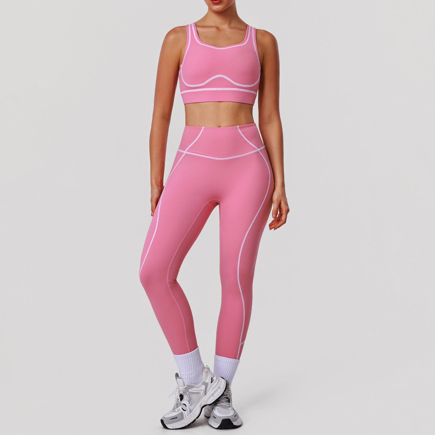 A High-intensity nude contrasting color yoga suit, sports training leggings, shock-proof bra, fitness running suit