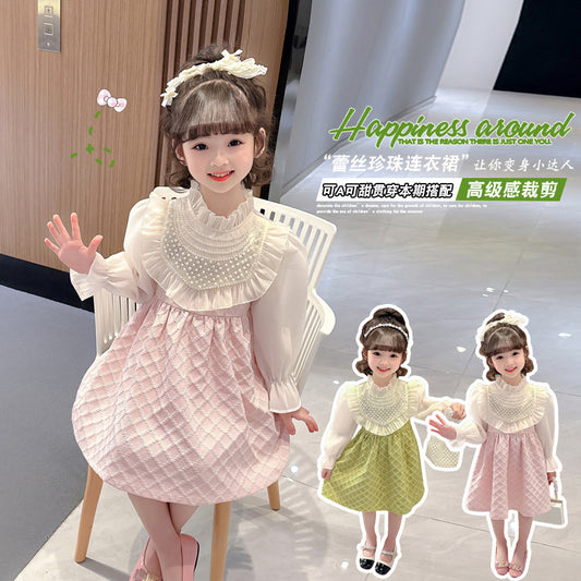 A girls lace pearl dress spring and autumn new girl baby foreign fashion princess dress small and medium children's clothing