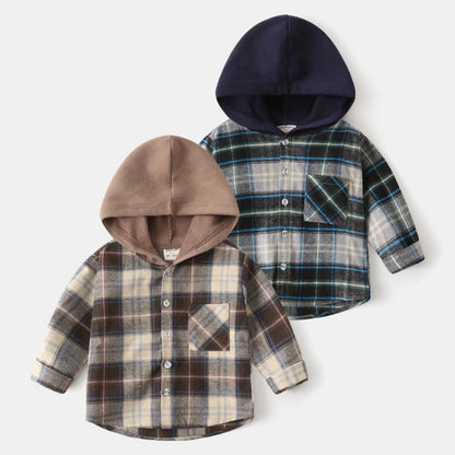 A children's hooded checked shirt