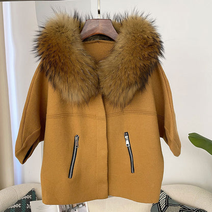A autumn and winter new women's short knitted sweater real fox fur collar fashion bat sleeve cardigan jacket Korean version loose