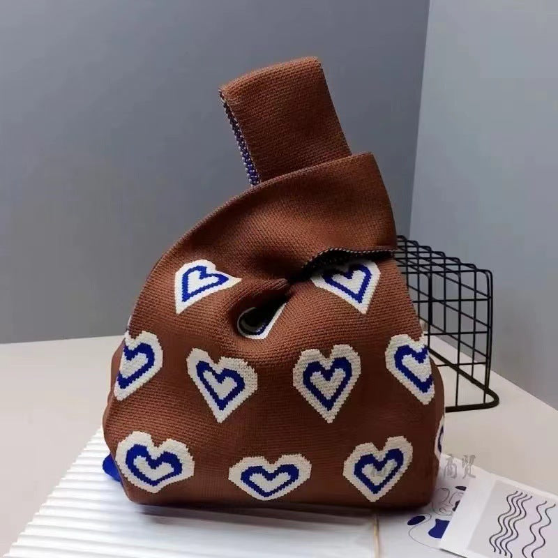 A Internet celebrity handbag women's knitted wool bucket bag Japanese and Korean version versatile hand carry casual tote bag box lunch bag y
