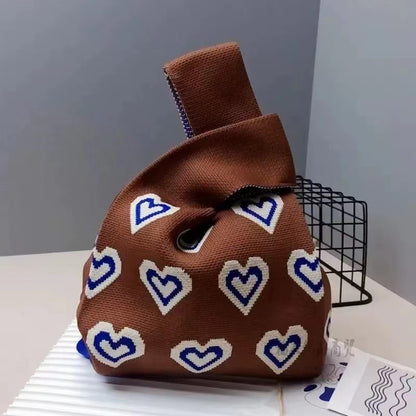 A Internet celebrity handbag women's knitted wool bucket bag Japanese and Korean version versatile hand carry casual tote bag box lunch bag y