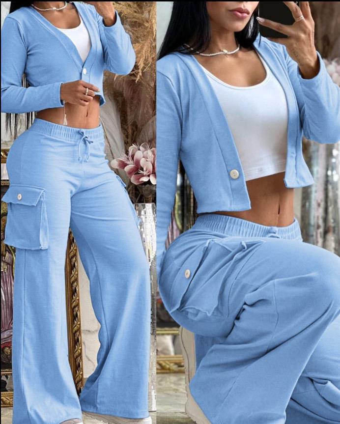 A Women's Casual Long Sleeve Solid Color Button Pocket Wide Leg Pants Set - Mixbatch