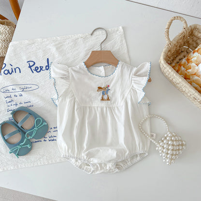 A baby summer new female treasure rabbit embroidery bag fart Ha clothes full moon 100 days clothes flying sleeves princess crawling clothes thin - Mixbatch