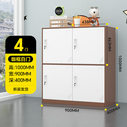 A colorful metal storage locker for school classrooms
