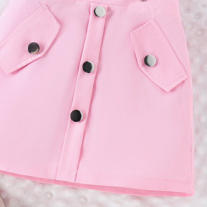 A 2024 summer amazon puff short sleeve lapel bow tie shirt strap short skirt girls suit - Mixbatch