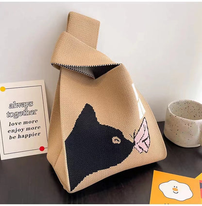 A Internet celebrity handbag women's knitted wool bucket bag Japanese and Korean version versatile hand carry casual tote bag box lunch bag y