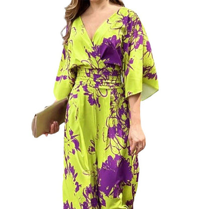 A new European and American women's clothing ins fashionable and elegant printing bat sleeve waist V-neck women's jumpsuit women's 661