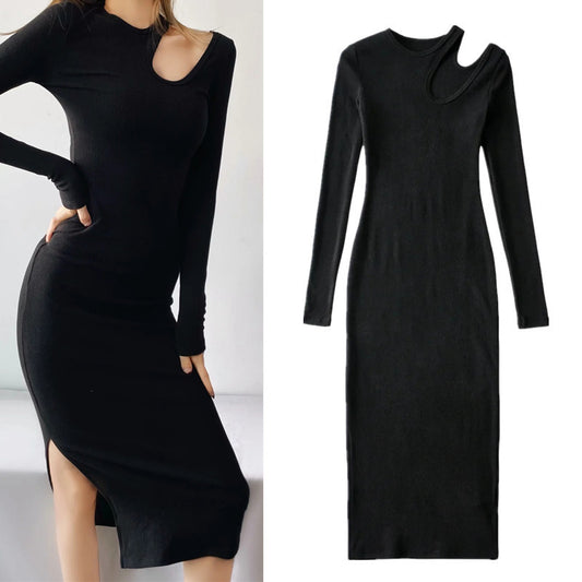 Spring tight sexy hollow off-the-shoulder split-ended long dress women's elastic slim-fit solid-color hip-wrapped dress - Mixbatch