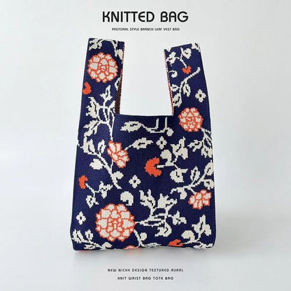 A Internet celebrity handbag women's knitted wool bucket bag Japanese and Korean version versatile hand carry casual tote bag box lunch bag y