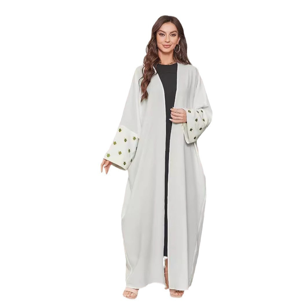 Middle Eastern Muslim Embroidered Clover Fashion Cardigan Dress Robe White Dress Bat Sleeve - Mixbatch
