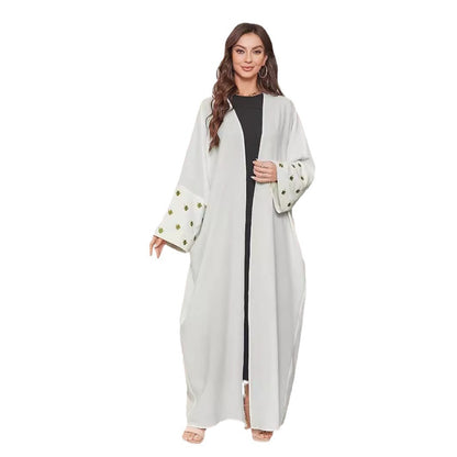 Middle Eastern Muslim Embroidered Clover Fashion Cardigan Dress Robe White Dress Bat Sleeve - Mixbatch