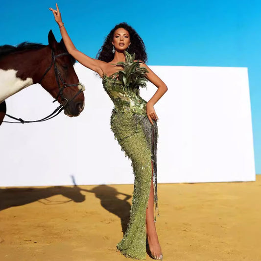 A green sequined luxury feathers sexy high split tube top dress haute couture dinner red carpet performance dress