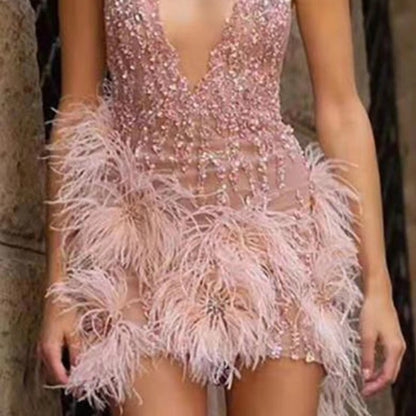 A Feather Suspender Skirt Deep V-Neck Sexy Party Dress #WT1122