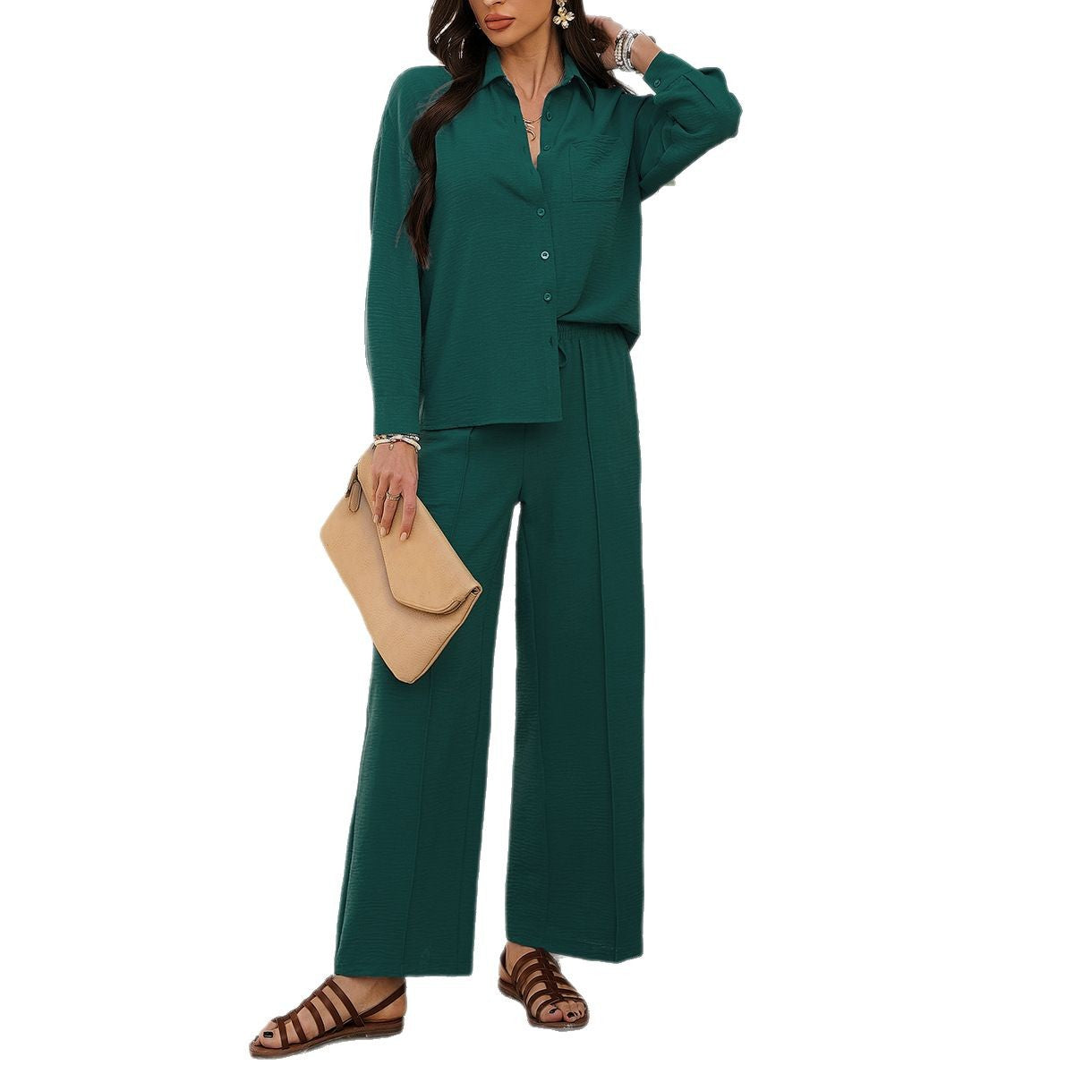 2025 spring and summer cross-border leisure commuting vacation style solid color button-down cardigan top wide-leg trousers set - Mixbatch