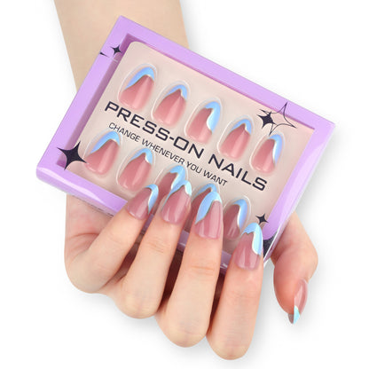 A 30 pieces French blue simple wearing nail advanced feeling coating nail art fake nail cross-border short almond nail piece - Mixbatch