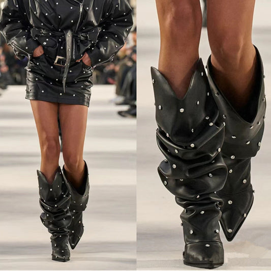 A European and American new thick heel pointed gold silver magic laser glossy pleated foreign trade cross-border large size long women's boots