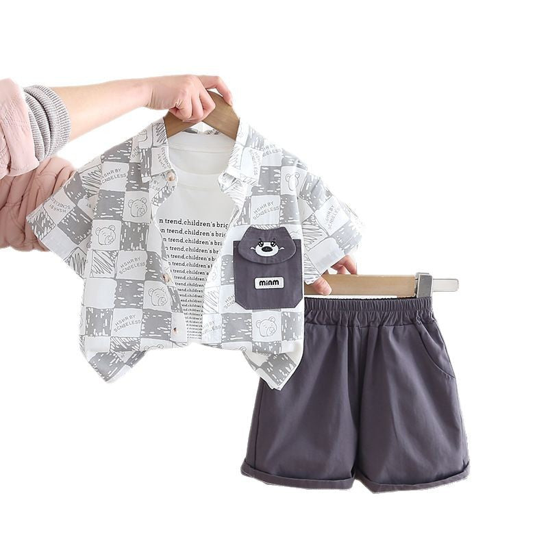 A summer new boys thin plaid pocket bear shirt short sleeve three-piece set baby summer clothes summer clothes