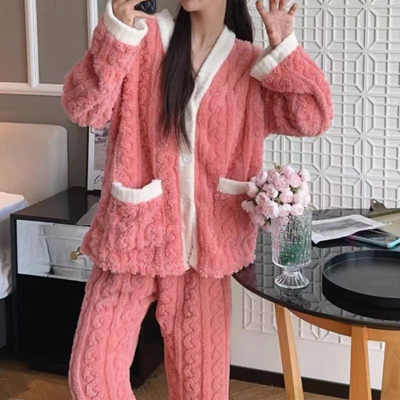 A Autumn and winter pajamas women's high-value fleece thickened can be worn outside loose Korean version of student coral fleece suit loungewear - Mixbatch