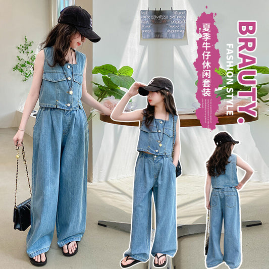A girls denim suit new summer Korean version sleeveless short suspender high waist loose wide leg pants children's suit