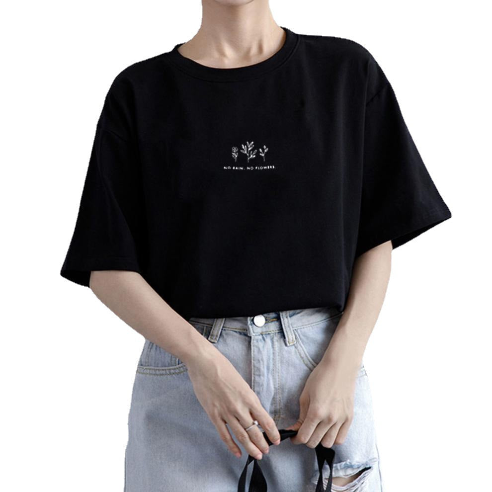 A Short Sleeve Korean Version Crew Neck T-Shirt Women's Summer Loose Plant Print Casual - Mixbatch