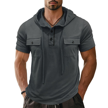 A Men's Outdoor Double Pocket Hat Cord Short Sleeve Henry Undershirt Cross-Border Casual Small Sweater Hooded Top T-Shirt