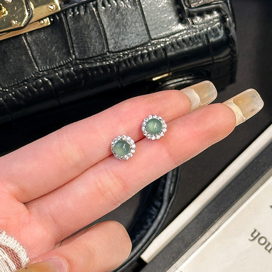 French retro sterling silver s925 stud earrings natural blue water jadeite dangerous material round bead gentle temperament daughter celebrity style