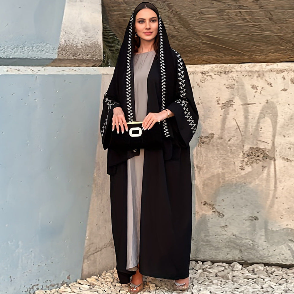 Women's Abaya Middle East Muslim Turban Cardigan Embroidered Dress Arabian Robe Bat Sleeve Overcoat Cross-Border - Mixbatch