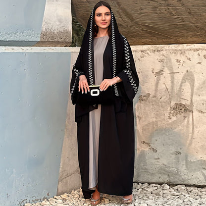 Women's Abaya Middle East Muslim Turban Cardigan Embroidered Dress Arabian Robe Bat Sleeve Overcoat Cross-Border - Mixbatch