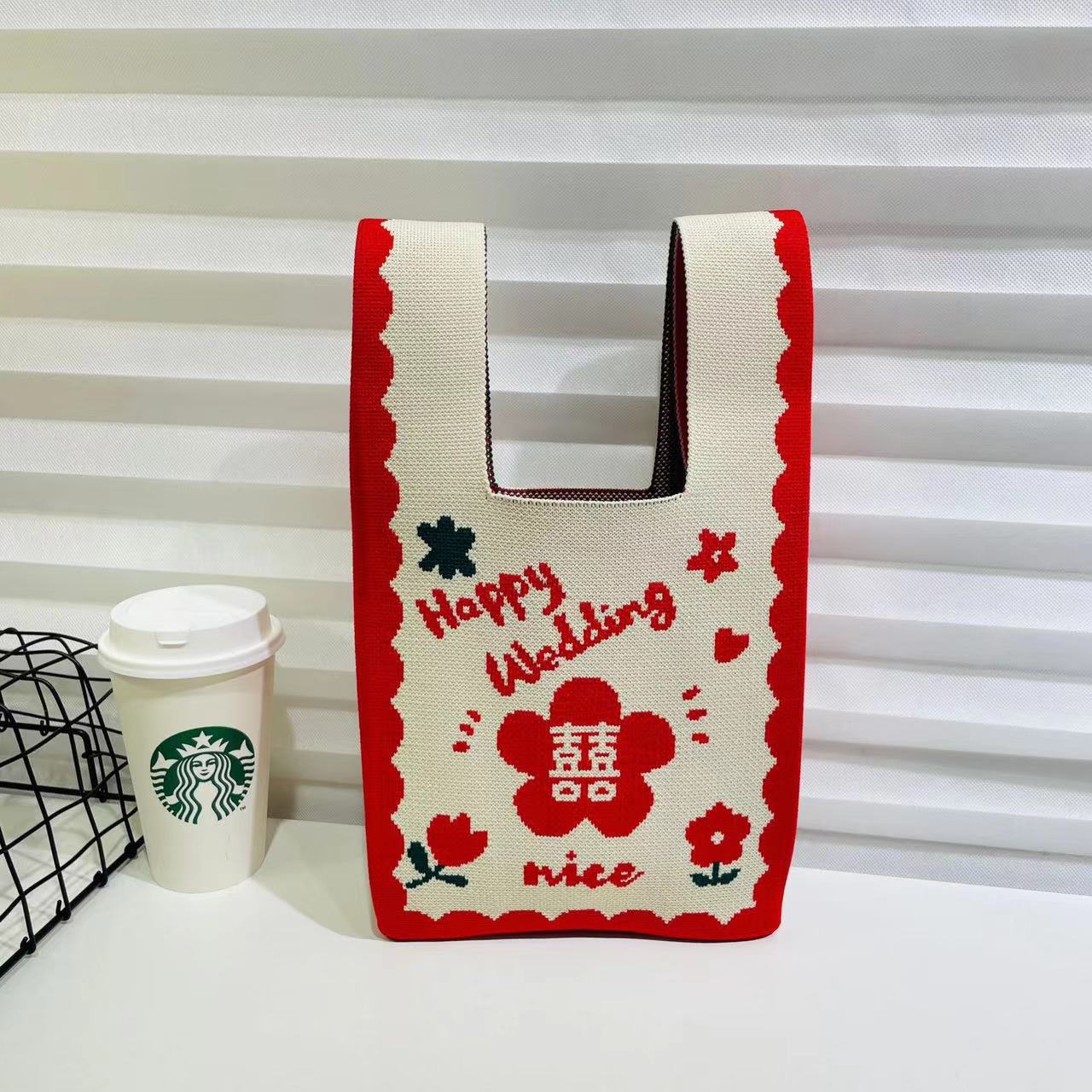 A Internet celebrity handbag women's knitted wool bucket bag Japanese and Korean version versatile hand carry casual tote bag box lunch bag y