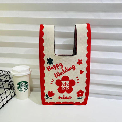 A Internet celebrity handbag women's knitted wool bucket bag Japanese and Korean version versatile hand carry casual tote bag box lunch bag y