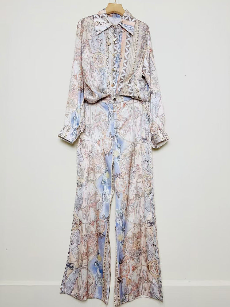A Women's Retro Geometric Printed Lapel Shirt Two-piece Set + Loose Straight Pants Fashion Set