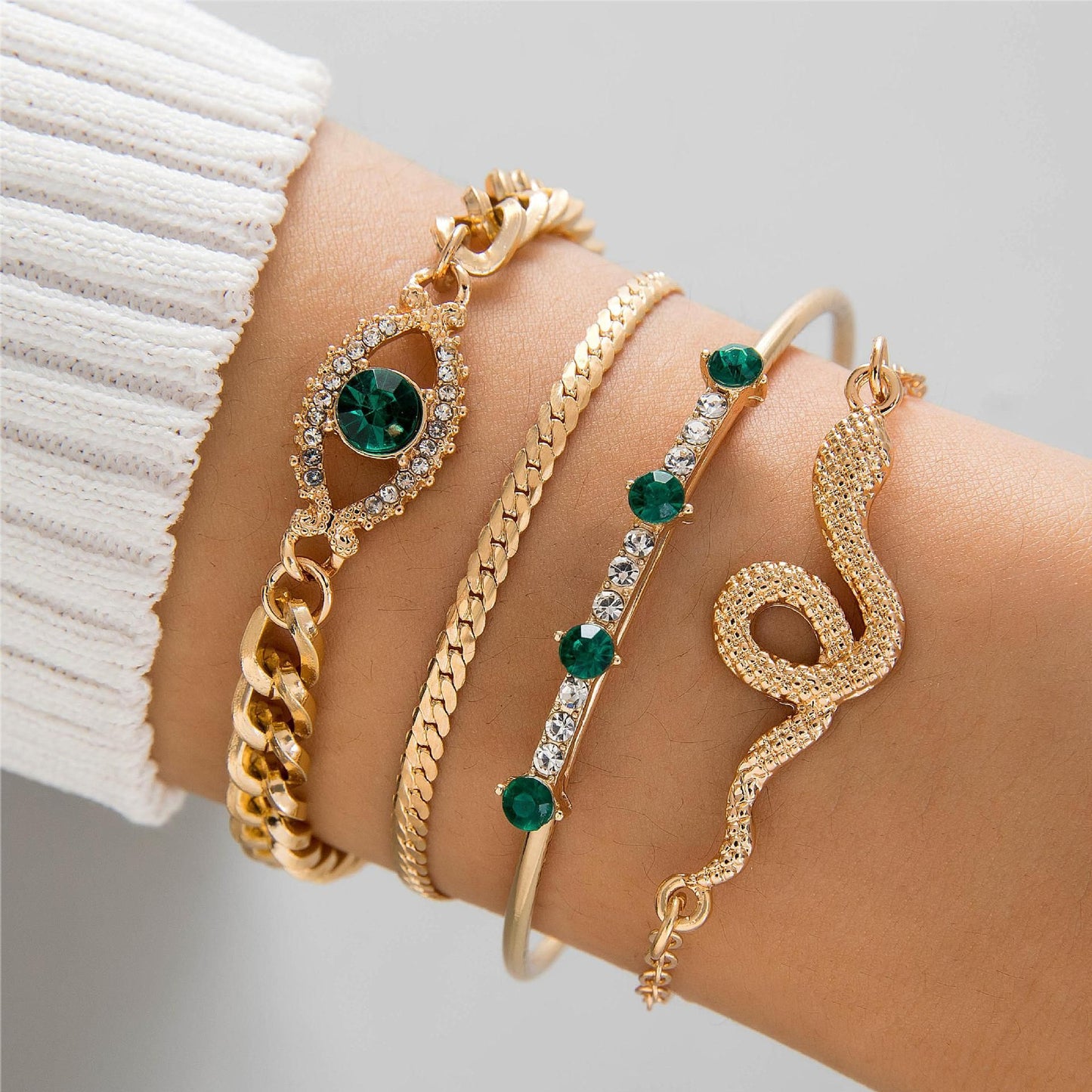 A European and American cross-border, fashionable and retro imitation gemstone love stacking bracelet, niche design sense snake jewelry set - Mixbatch