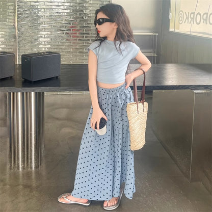 A girls T-shirt culottes set summer new Korean version top wide leg pants medium older girls polka dot culottes