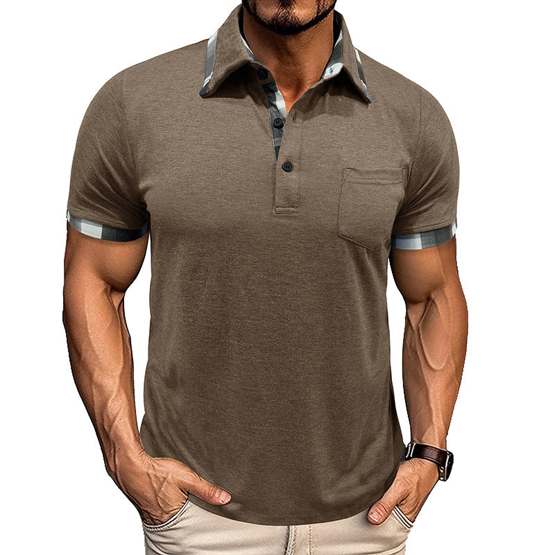 A European and American men's clothing summer lapel plaid short-sleeved POLO shirt top cross-border men's pocket fashion polo jersey Henry