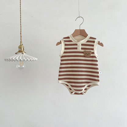 A children's summer dress sleeveless bag fart clothes ins Korean version baby striped bear vest onesie baby outing clothes - Mixbatch