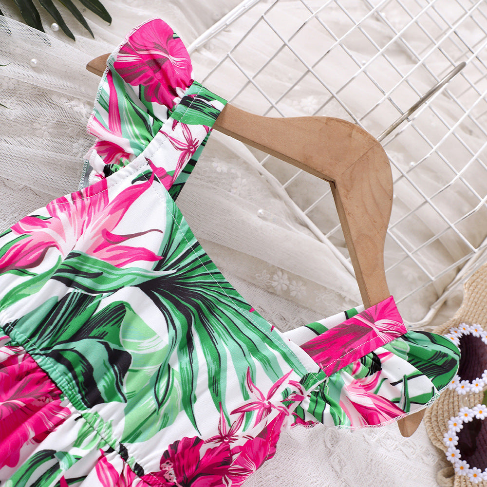 A medium and small children and girls spring and summer new holiday tropical green leaf print dress Q1922-C - Mixbatch
