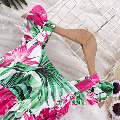 A medium and small children and girls spring and summer new holiday tropical green leaf print dress Q1922-C - Mixbatch