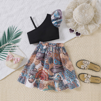 A medium and small children and girls spring and summer new ethnic style printing slanted shoulder sling set TZ1379-D