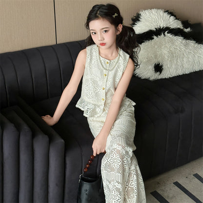 A girls summer lace crochet suit new middle-aged and older children's Korean version sleeveless top wide-leg straight pants trendy